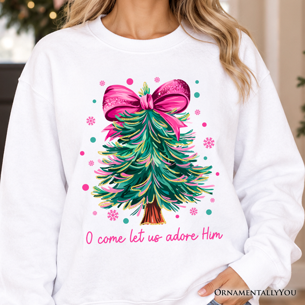 Sea Dragon Dreams white sweatshirt featuring a glittery Christmas tree with a pink coquette bow and holiday text.