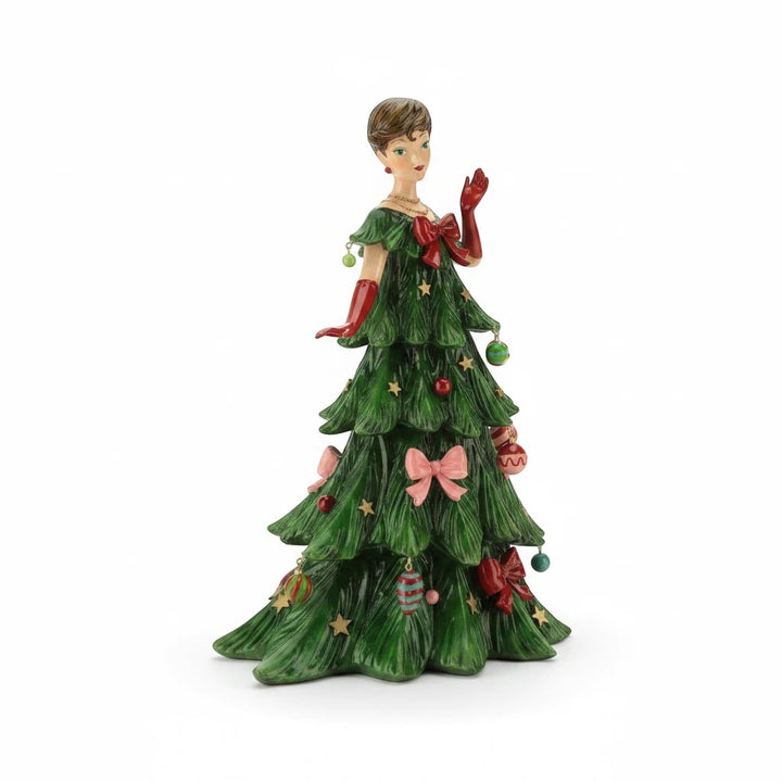 Sea Dragon Dreams Mark Roberts 16.5-inch Christmas tree lady figurine wearing a green tree dress with festive ornaments
