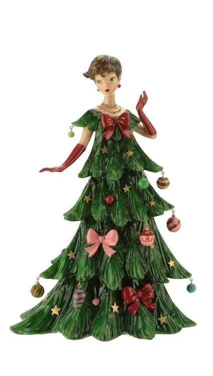 Sea Dragon Dreams Mark Roberts 16.5in Christmas Tree Fashion Lady figurine with festive ornaments and elegant bows.