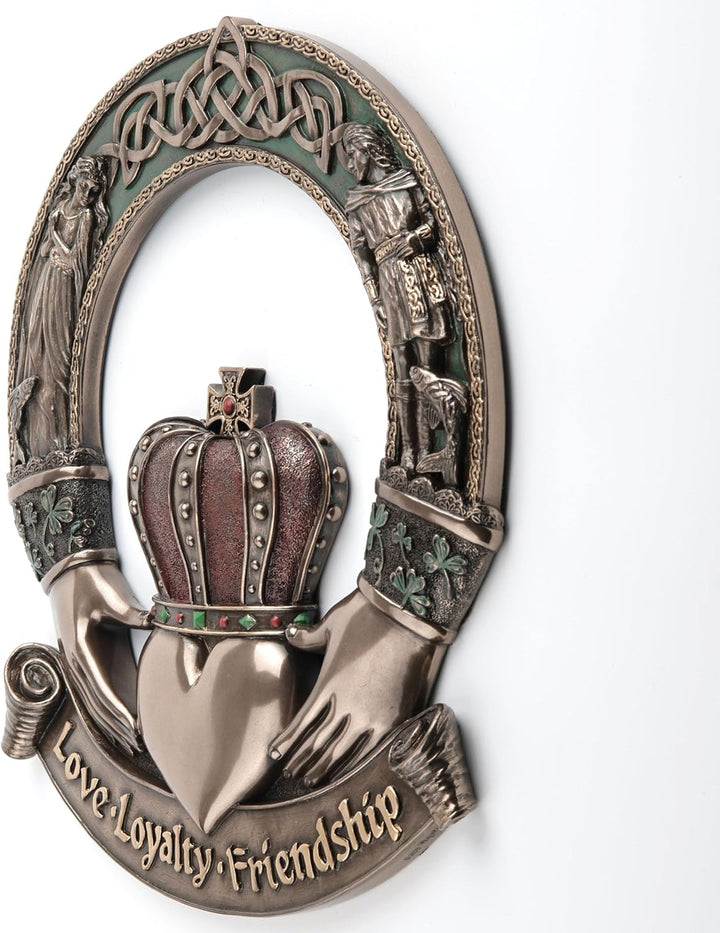 Sea Dragon Dreams cold cast bronze Irish Claddagh ring wall plaque featuring love, loyalty, and friendship engraving.