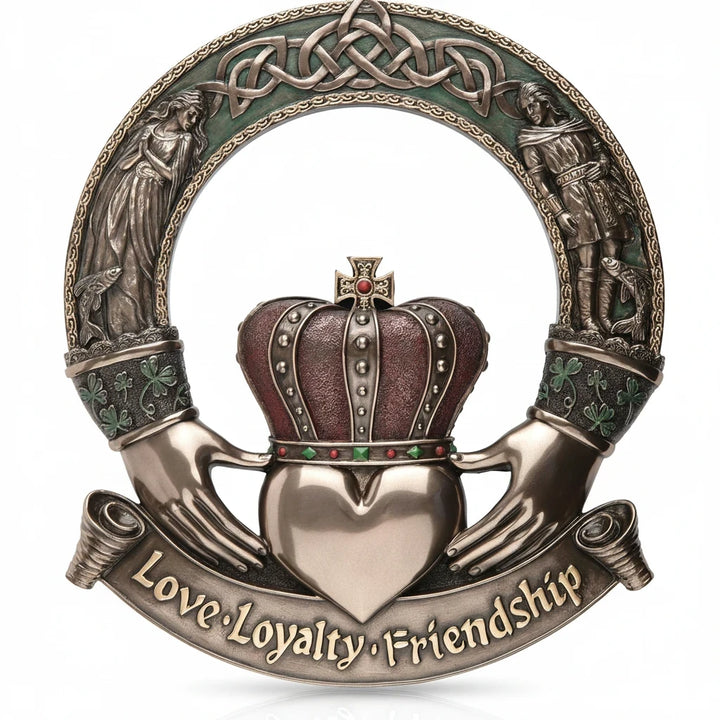 Sea Dragon Dreams cold cast bronze Irish Claddagh ring wall plaque featuring love, loyalty, and friendship inscription.