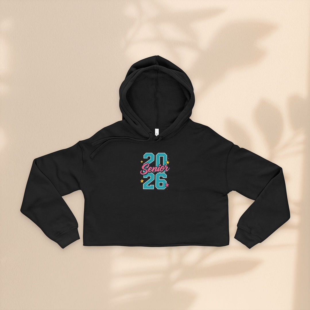 Sea Dragon Dreams black cropped hoodie with Class of 2026 graphic, featuring dropped shoulders and raw hem.