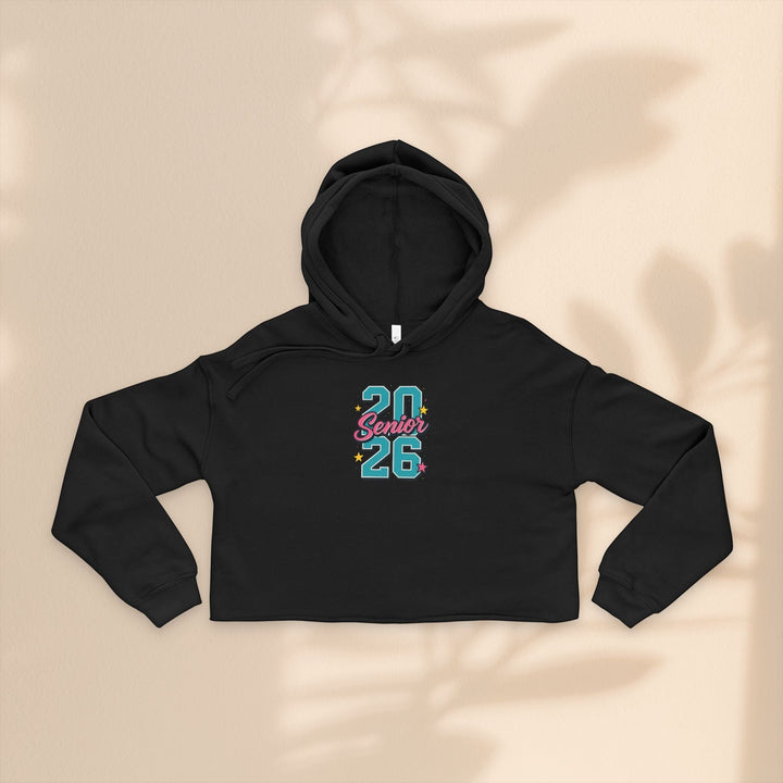 Sea Dragon Dreams black cropped hoodie with Class of 2026 graphic, featuring dropped shoulders and raw hem.