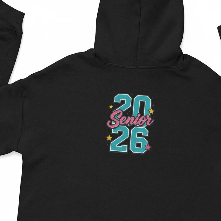 Sea Dragon Dreams black cropped hoodie featuring a Class of 2026 graphic with blue and pink text and star accents.