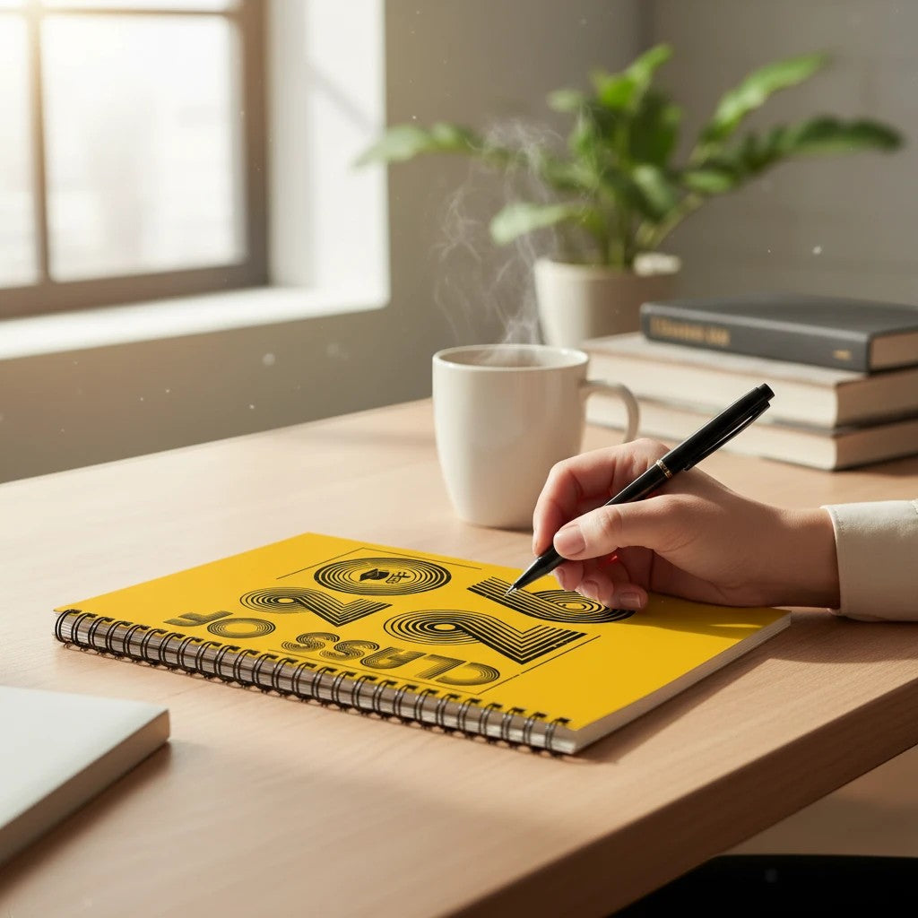 Sea Dragon Dreams Class of 2026 spiral notebook with yellow cover on a desk with a hand writing with a black pen