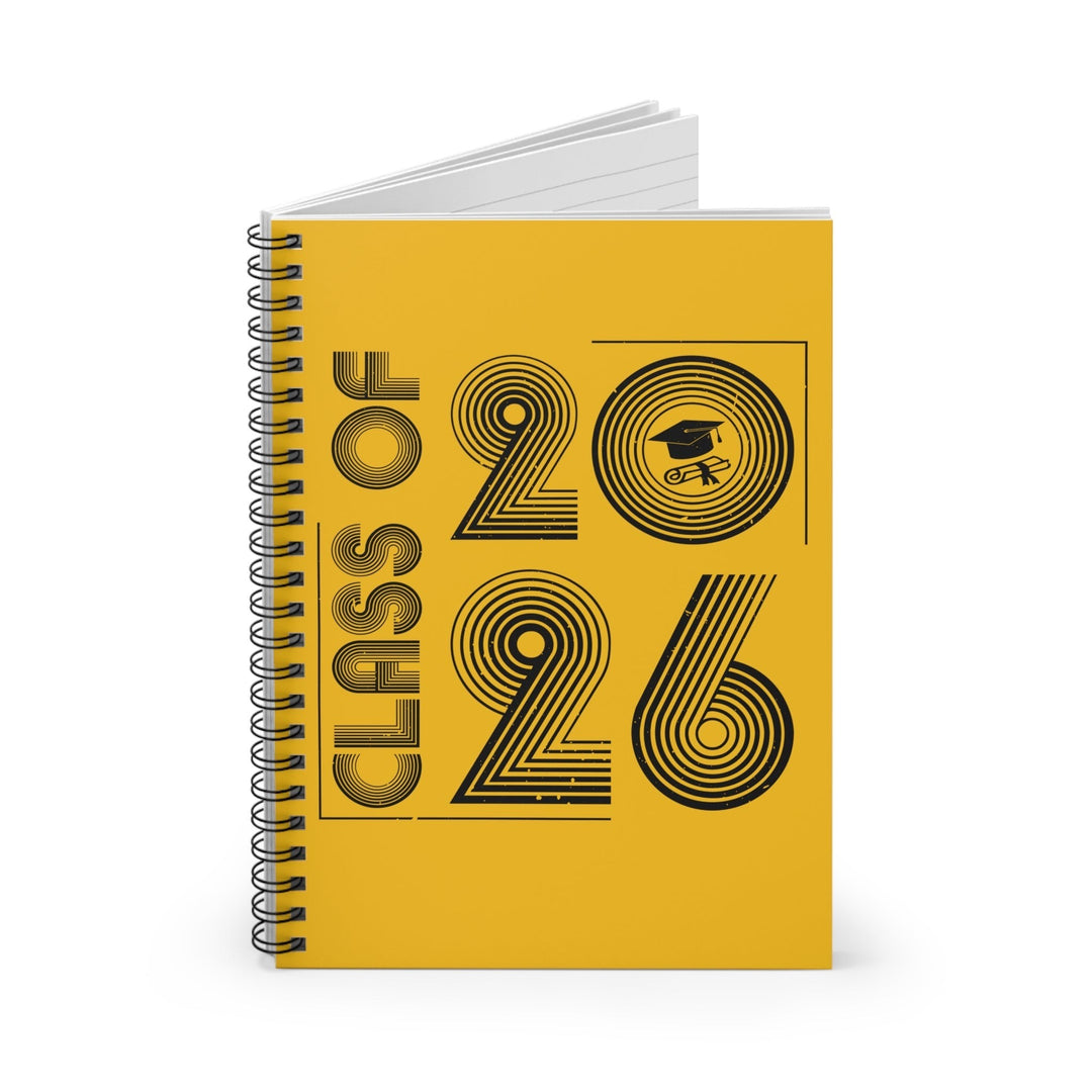 Sea Dragon Dreams Class of 2026 yellow spiral notebook with black graduation cap graphic and lined paper pages