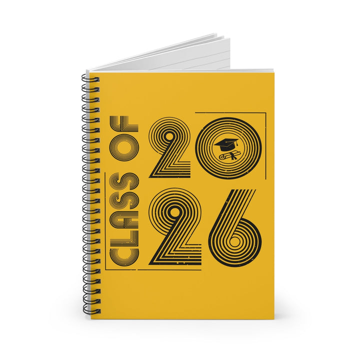 Sea Dragon Dreams Class of 2026 yellow spiral notebook with black graduation cap graphic and lined paper pages