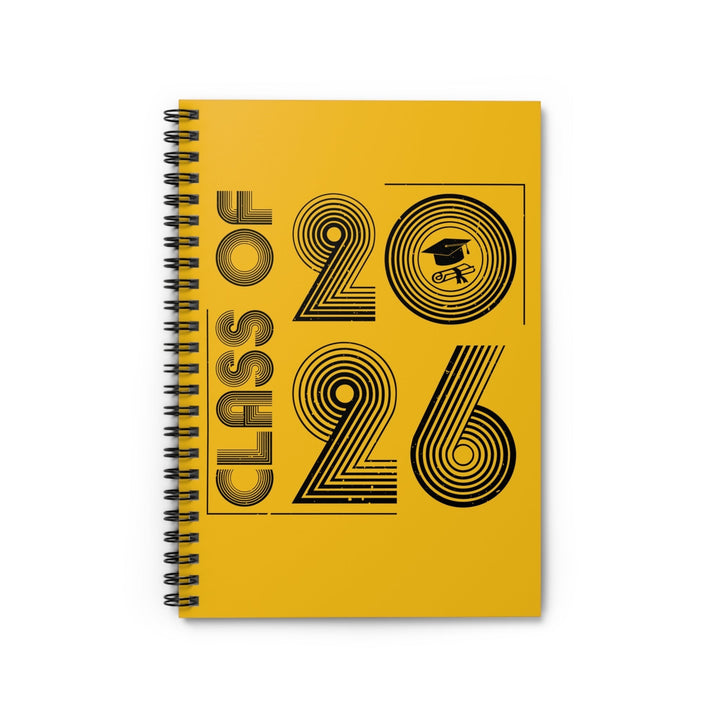Sea Dragon Dreams yellow Class of 2026 spiral notebook with black graphic design and graduation cap icon