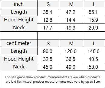Sea Dragon Dreams size guide table for Dragon Shadows hooded cloak showing measurements in inches and centimeters.