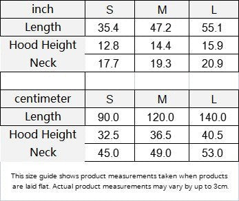 Sea Dragon Dreams size guide table for Enchanted Forest hooded cloak showing measurements in inches and centimeters