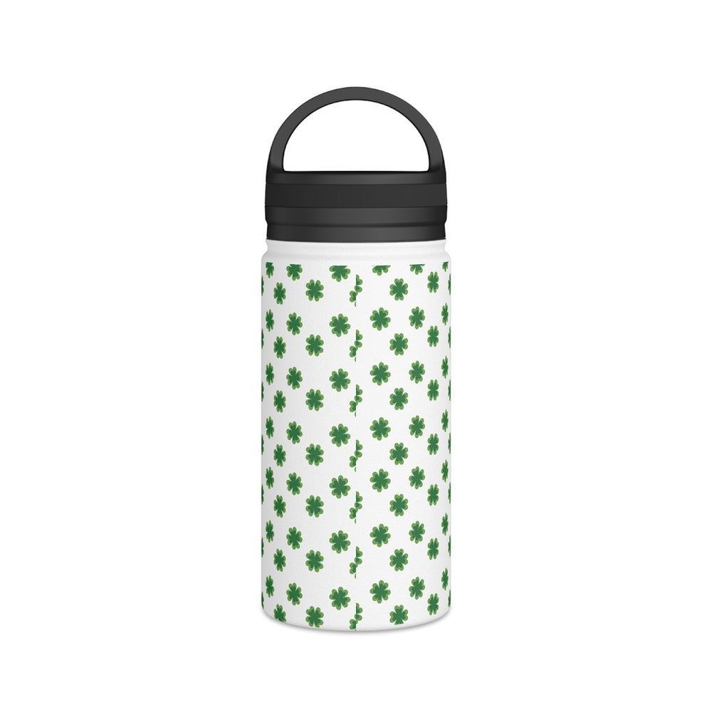 Sea Dragon Dreams stainless steel water bottle with a white background and a green clover pattern, featuring a black handle lid.