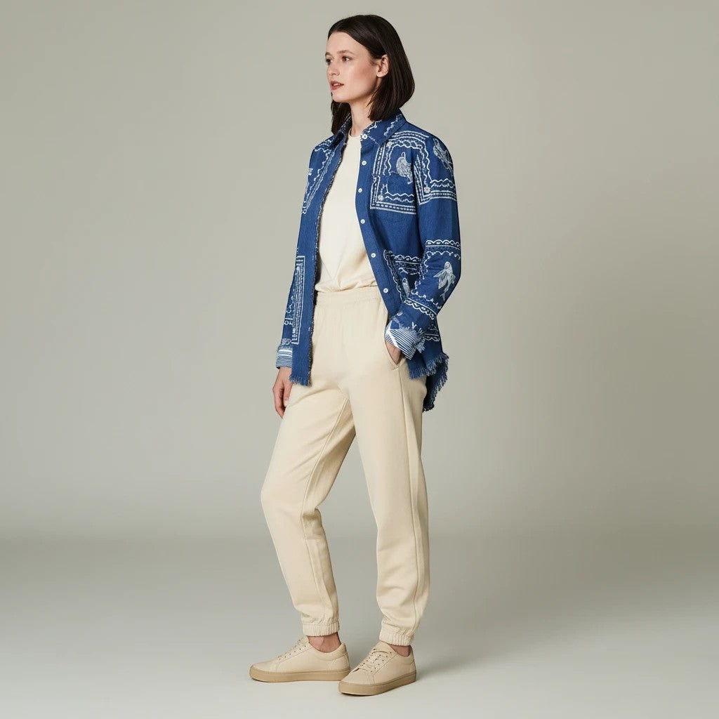 Sea Dragon Dreams coastal blouse with blue sealife print worn by a model with beige joggers and sneakers