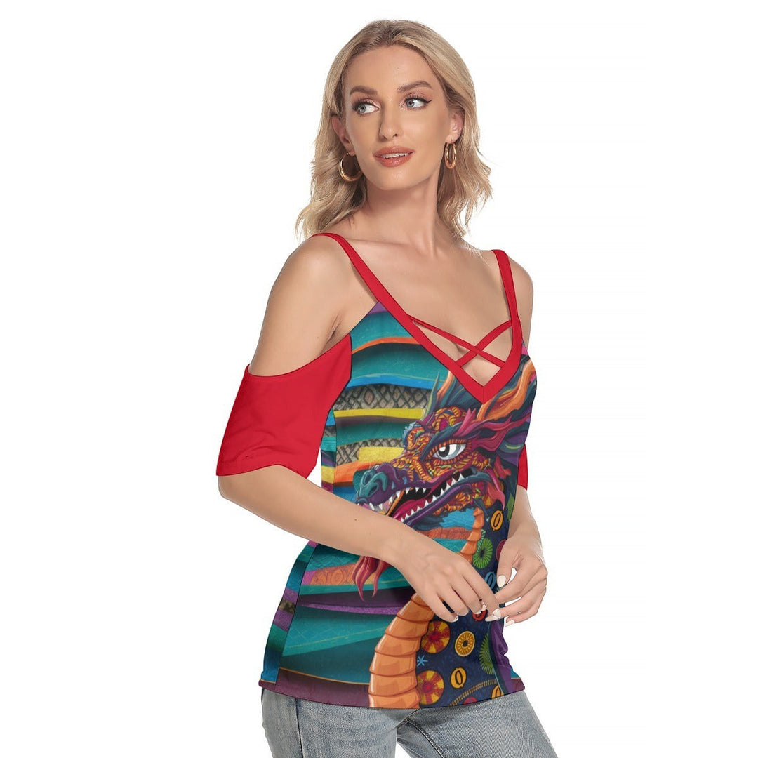 Sea Dragon Dreams women's cold shoulder t-shirt with a colorful Mexican dragon print, V-neck, and criss-cross straps.