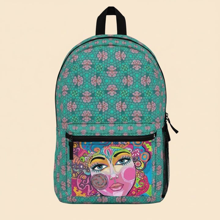 Sea Dragon Dreams Friends Colorful Art Backpack with teal geometric pattern and vibrant abstract face illustration