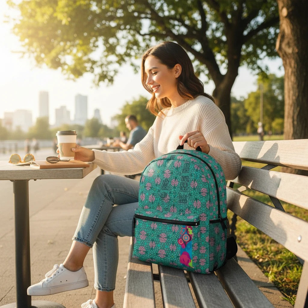 Sea Dragon Dreams colorful abstract art backpack with padded straps, worn by a woman sitting on a park bench.