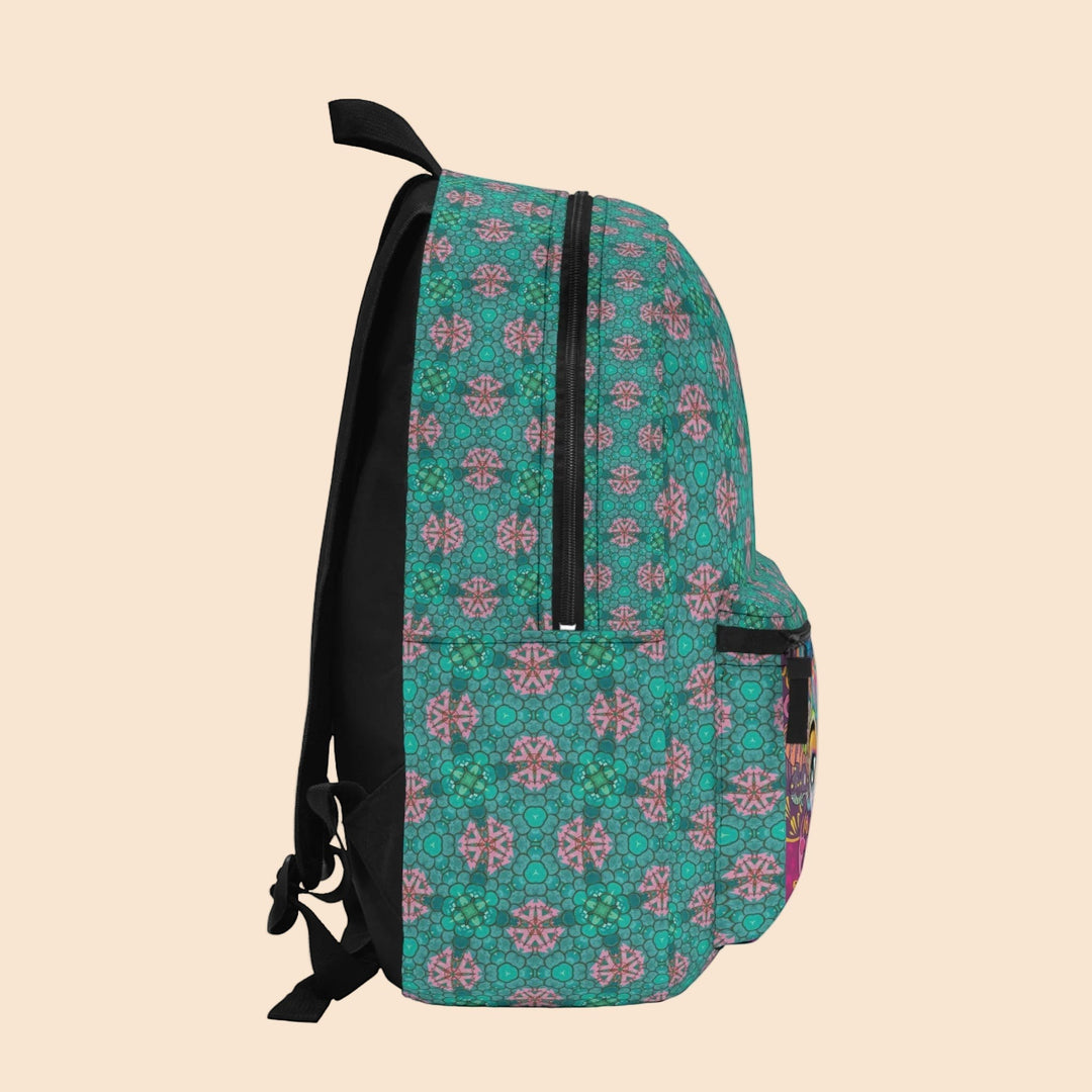 Sea Dragon Dreams Friends Colorful Art Backpack with a vibrant teal and pink abstract geometric pattern side view