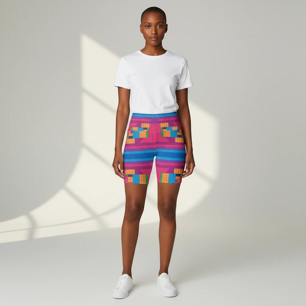 Sea Dragon Dreams women's workout shorts in vibrant multi-colored geometric print, made of quick-dry polyester.