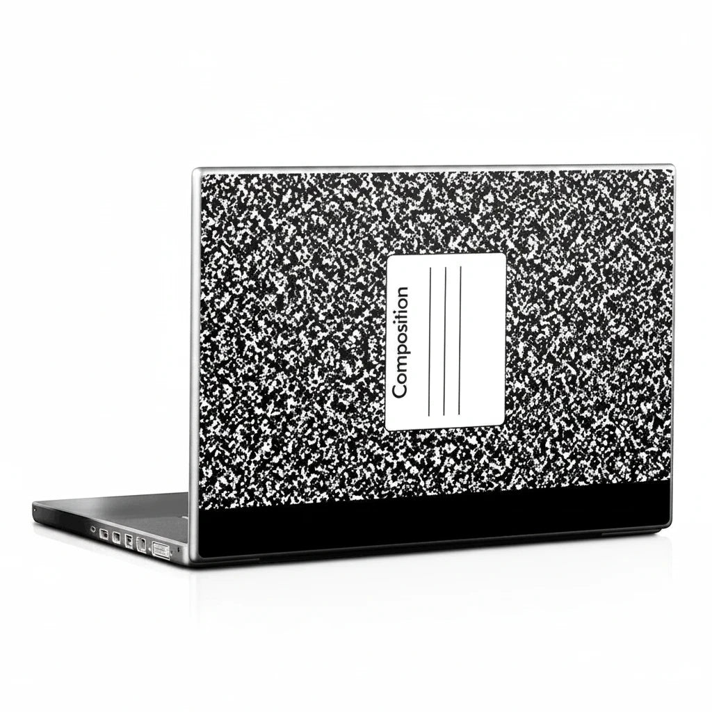Sea Dragon Dreams composition notebook laptop skin with classic black and white speckled pattern on a laptop lid.