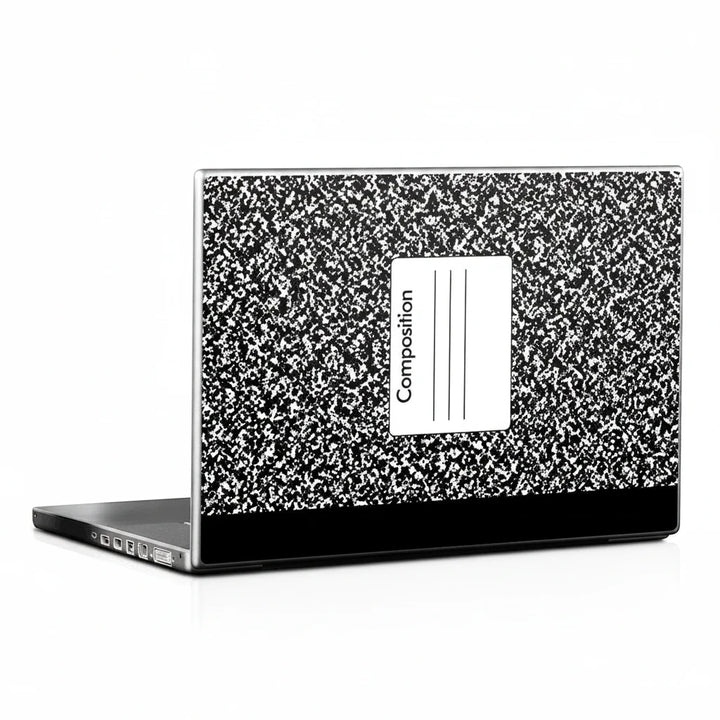 Sea Dragon Dreams composition notebook laptop skin with classic black and white speckled pattern on a laptop lid.