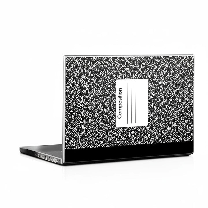 Sea Dragon Dreams composition notebook laptop skin with classic black and white speckled pattern and label design.