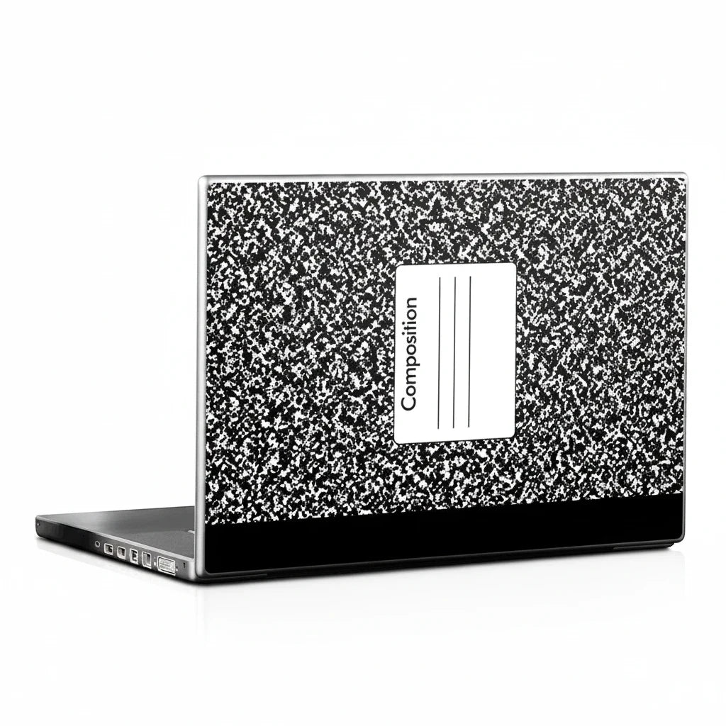 Sea Dragon Dreams composition notebook laptop skin with classic black and white speckled pattern on a laptop lid.