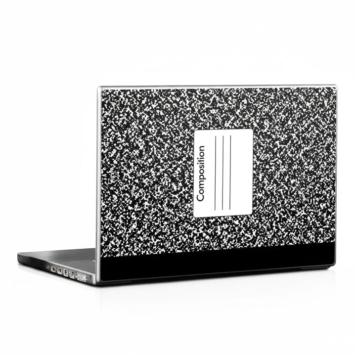 Sea Dragon Dreams composition notebook laptop skin with classic black and white speckled pattern on a laptop lid.