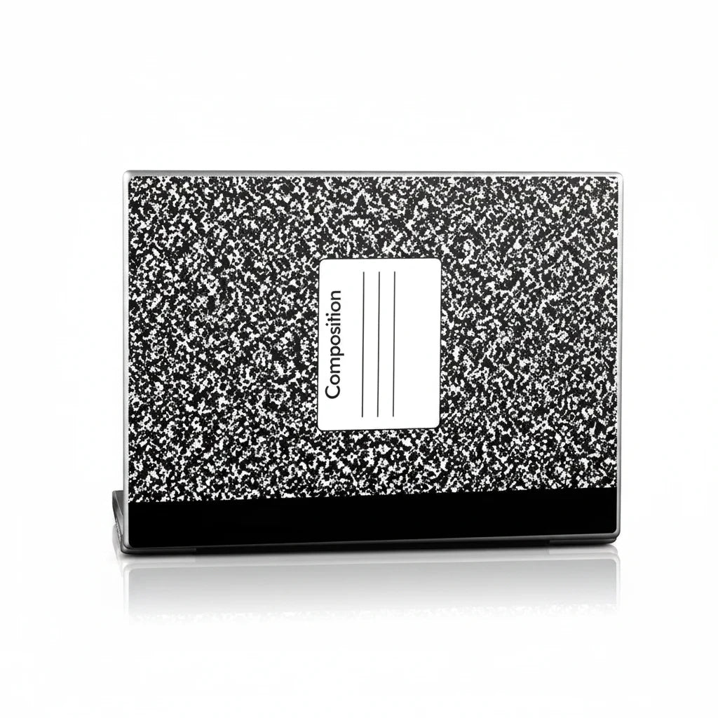Sea Dragon Dreams composition notebook laptop skin with classic black and white speckled pattern and label detail.