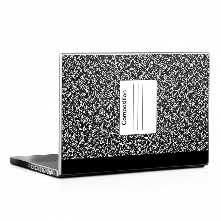 Sea Dragon Dreams composition notebook laptop skin with classic black and white speckled pattern and matte finish.