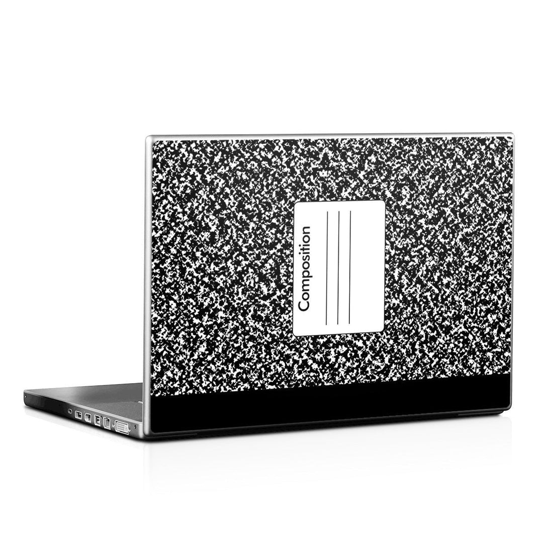 Sea Dragon Dreams composition notebook laptop skin with classic black and white speckled pattern on a laptop lid.