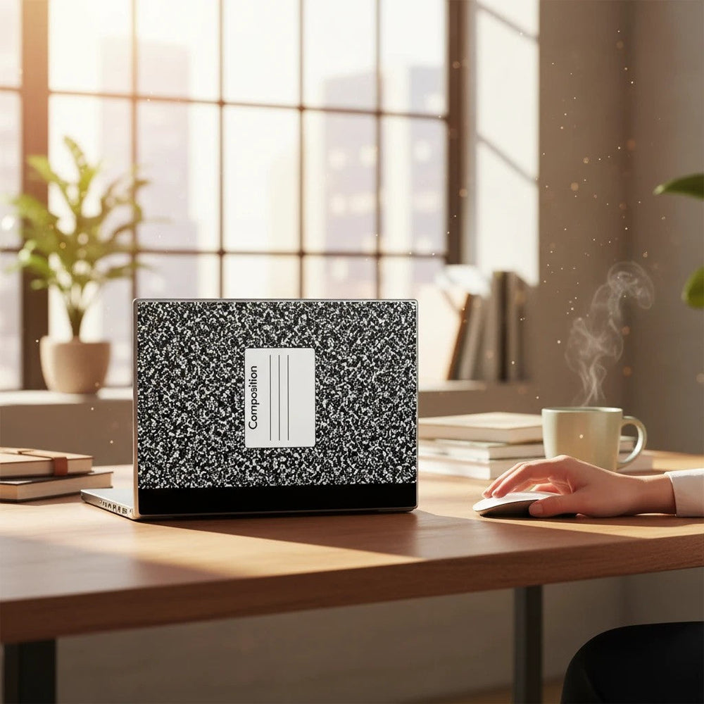 Sea Dragon Dreams composition notebook laptop skin on a desk with a steaming coffee mug and books in a bright office.