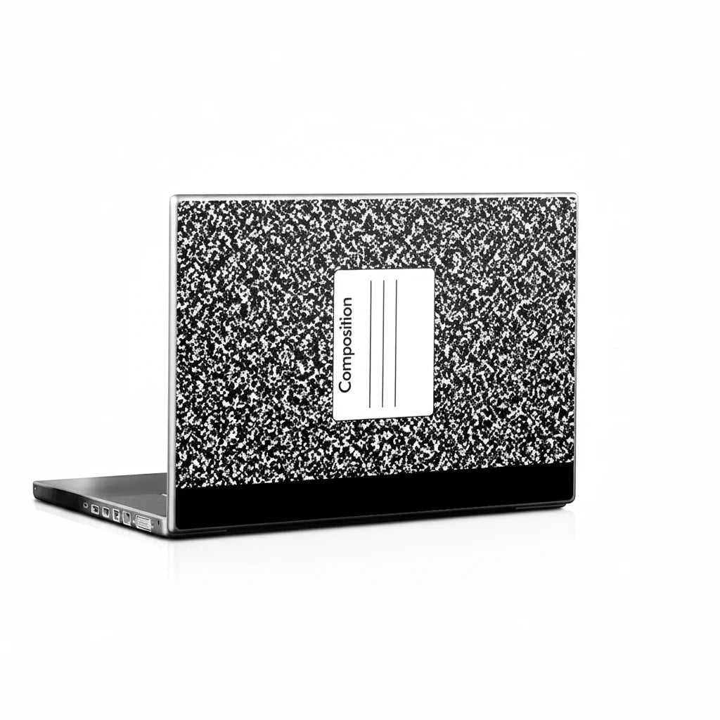 Sea Dragon Dreams composition notebook laptop skin with classic black and white speckled pattern on a laptop lid.