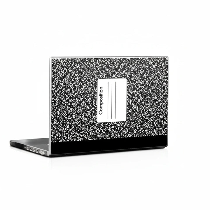 Sea Dragon Dreams composition notebook laptop skin with classic black and white speckled pattern on a laptop lid.