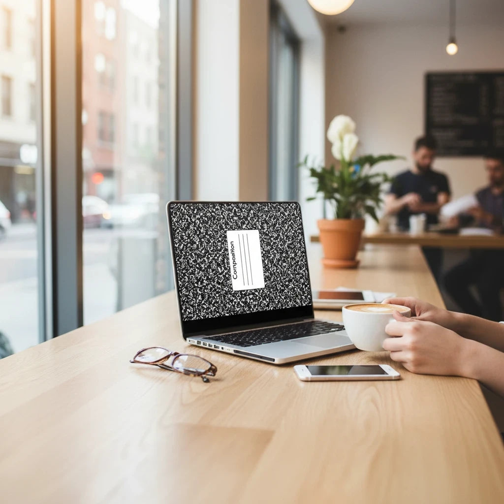 Sea Dragon Dreams composition notebook laptop skin on a laptop in a coffee shop with a person holding a coffee mug.