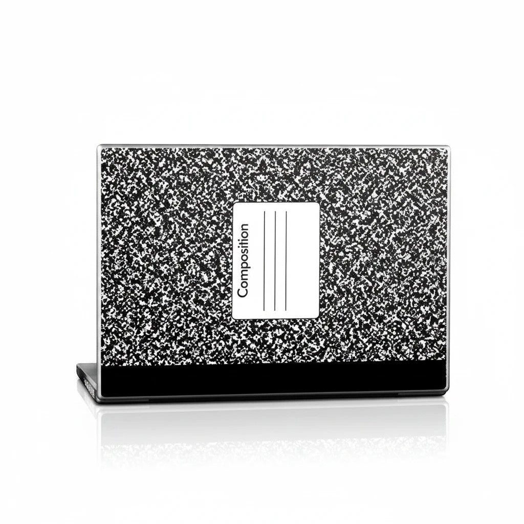 Sea Dragon Dreams composition notebook laptop skin with classic black and white speckled pattern and label on matte vinyl.