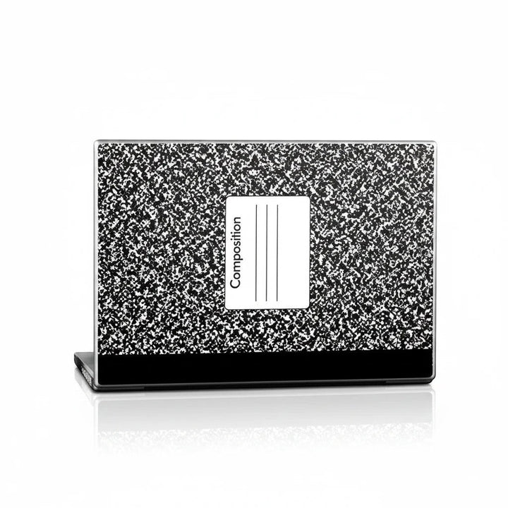 Sea Dragon Dreams composition notebook laptop skin with classic black and white speckled pattern and label on matte vinyl.