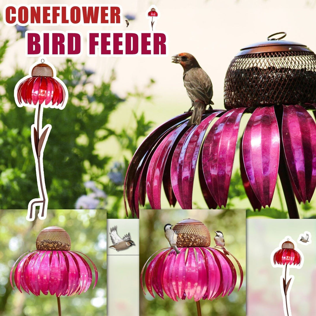 Sea Dragon Dreams coneflower petal bird feeder with metallic pink petals and a mesh seed tray in a garden setting