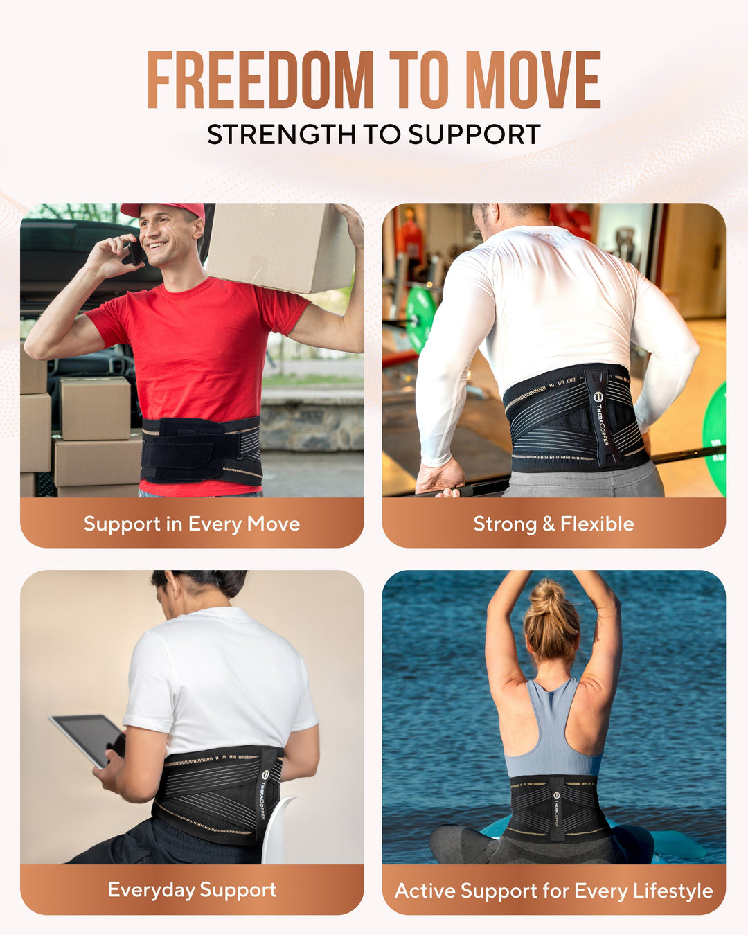 Sea Dragon Dreams TheraCopper back brace worn by active people for lumbar support during work, exercise, and travel.