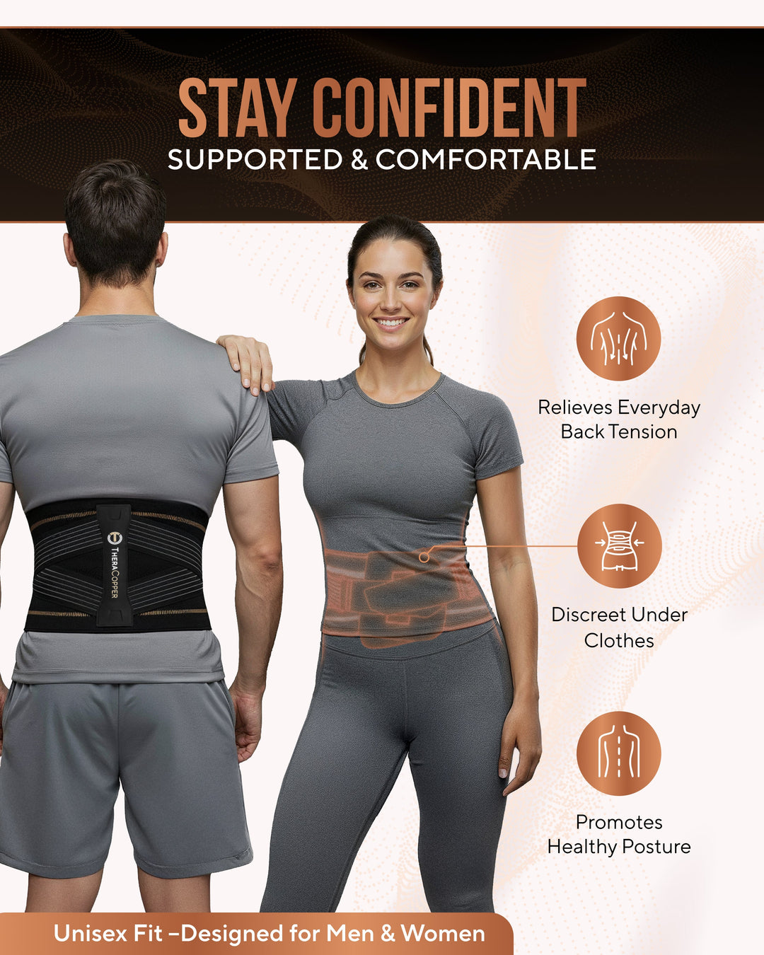 Sea Dragon Dreams TheraCopper back brace on a man, showing flexible support bars and adjustable compression straps.