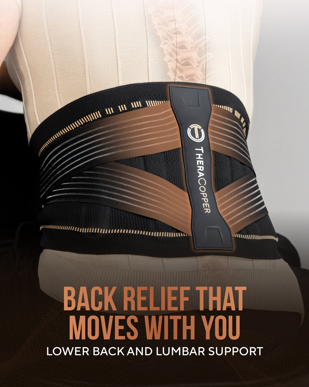 Sea Dragon Dreams TheraCopper back brace with black and copper mesh, flexible support bars, and adjustable straps.