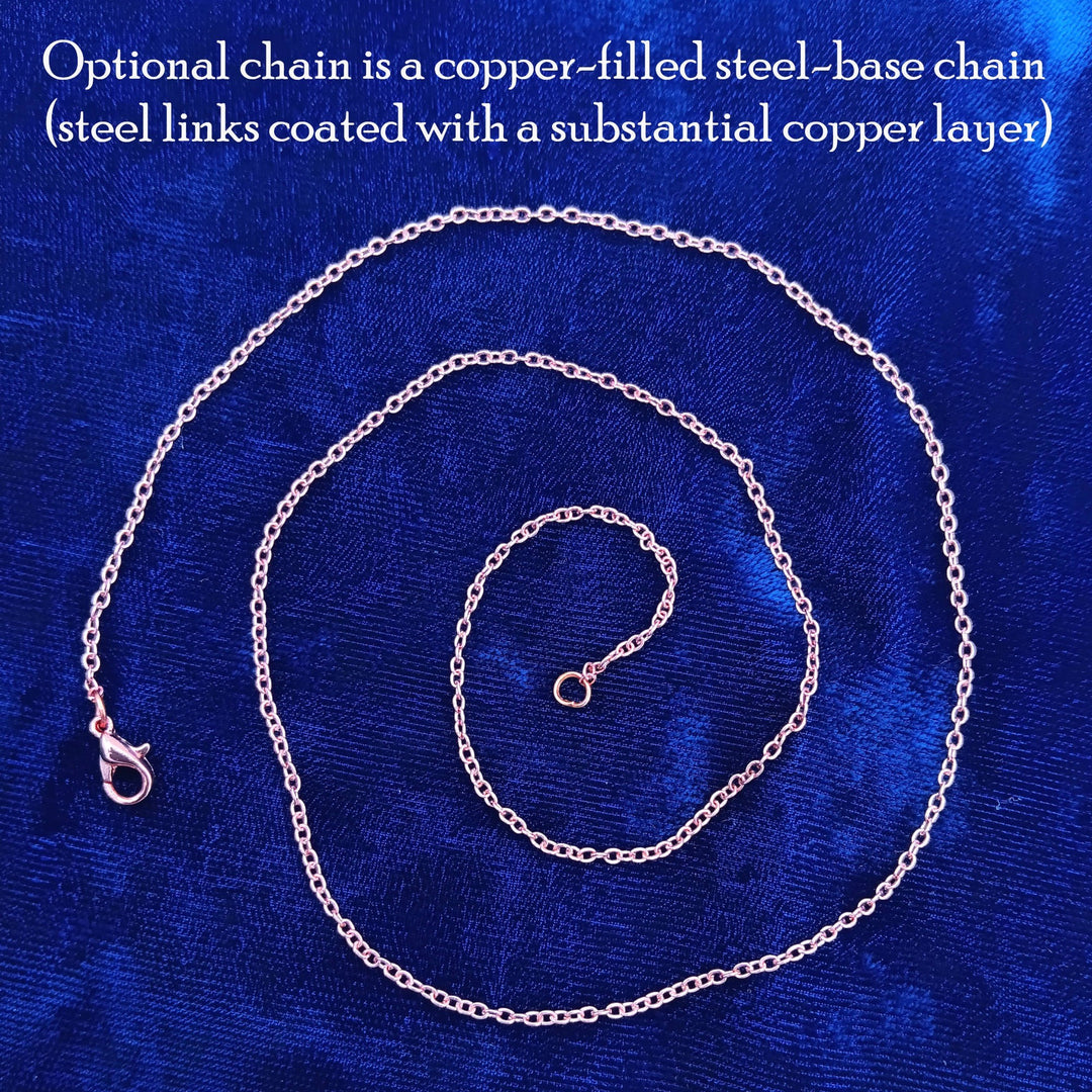 Sea Dragon Dreams copper-filled steel chain for pendants, featuring a durable link design on a vibrant blue background.