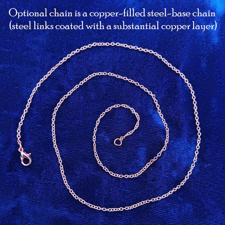 Sea Dragon Dreams copper-filled steel chain for pendants, featuring a durable link design on a vibrant blue background.