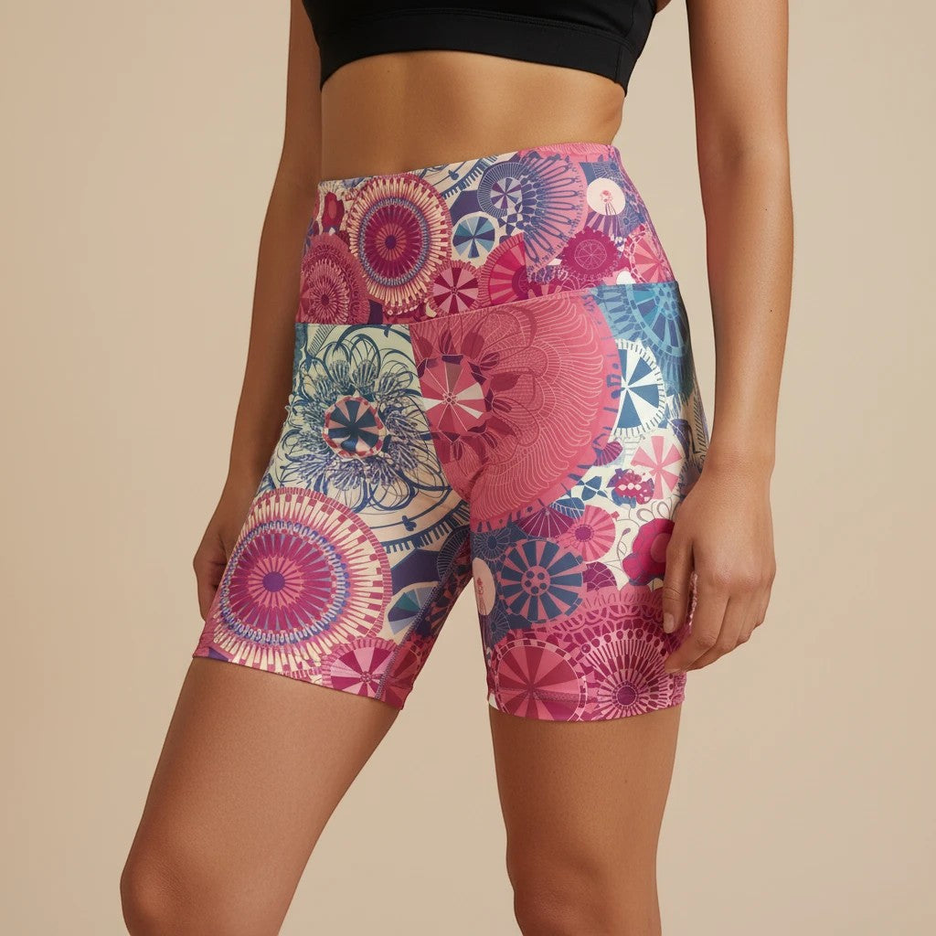 Sea Dragon Dreams County Fair workout shorts featuring a vibrant pink and blue mandala pattern in polyester fabric.
