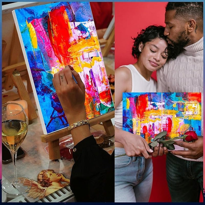 Sea Dragon Dreams couples sip and paint kit featuring vibrant abstract art on canvases with wine and romantic rose petals.