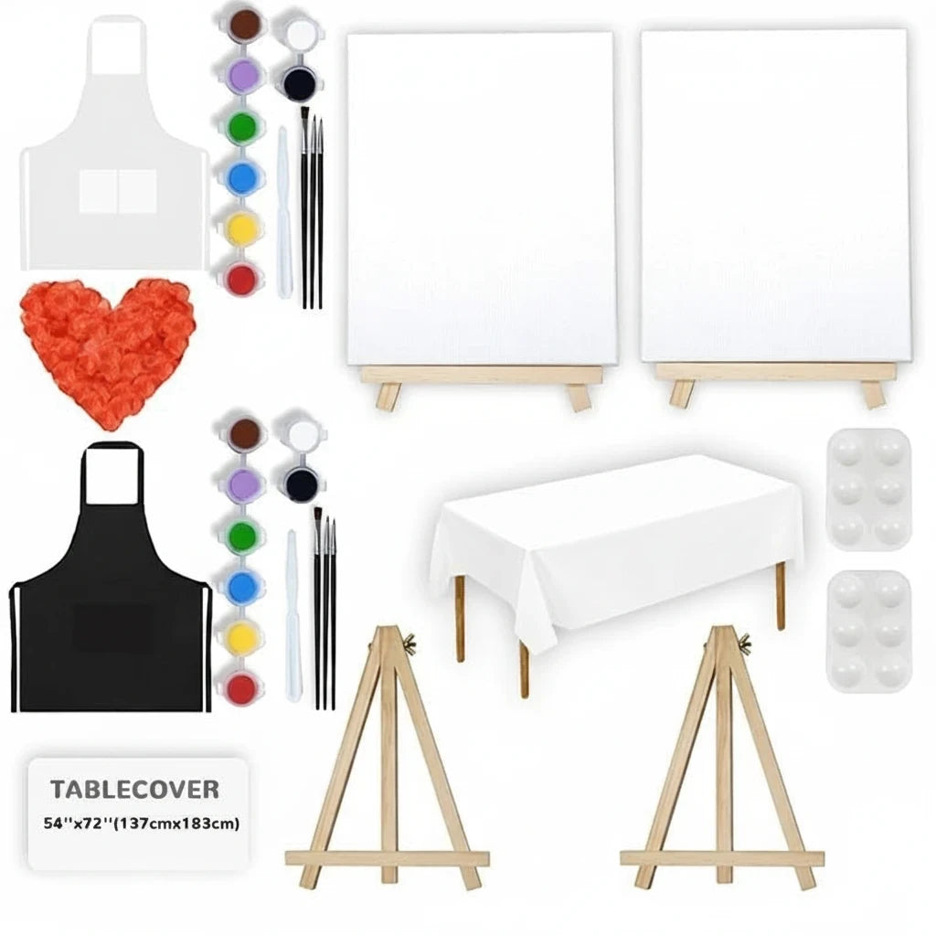 Sea Dragon Dreams couples sip and paint kit with two canvases, easels, aprons, acrylic paints, brushes, and rose petals.