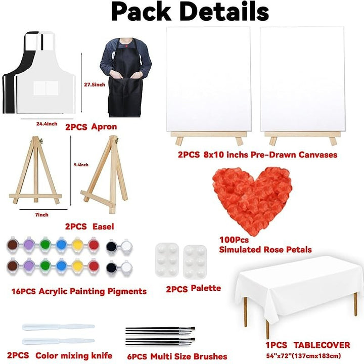 Sea Dragon Dreams couples sip and paint kit with canvases, easels, aprons, acrylic paints, brushes, and rose petals.