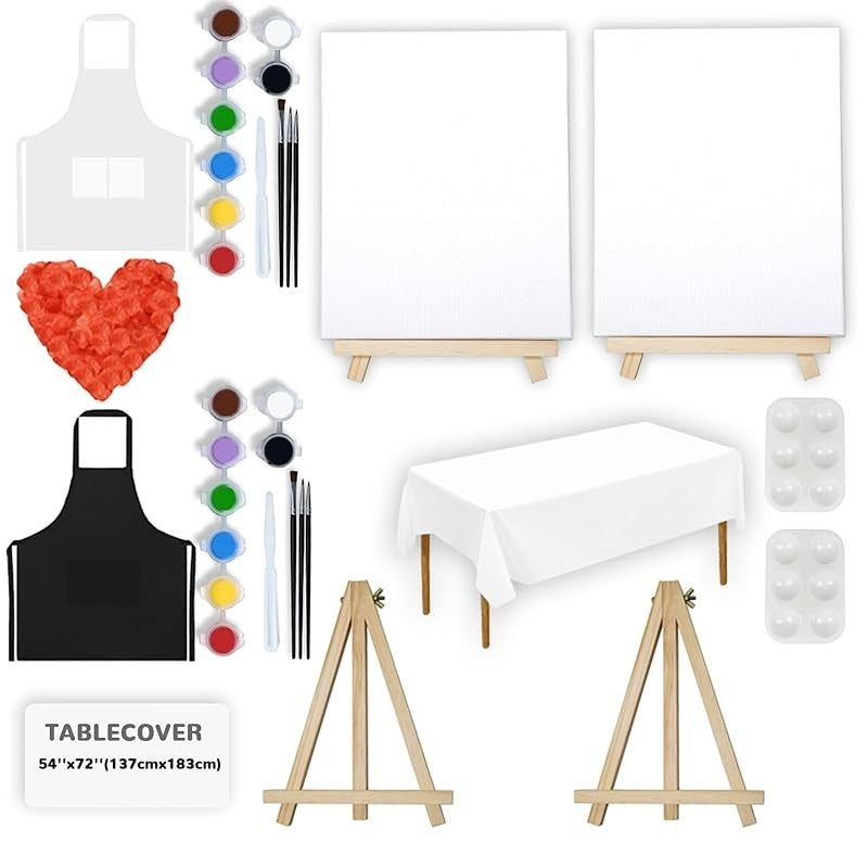 Sea Dragon Dreams couples sip and paint kit with two canvases, easels, aprons, acrylic paints, brushes, and rose petals.
