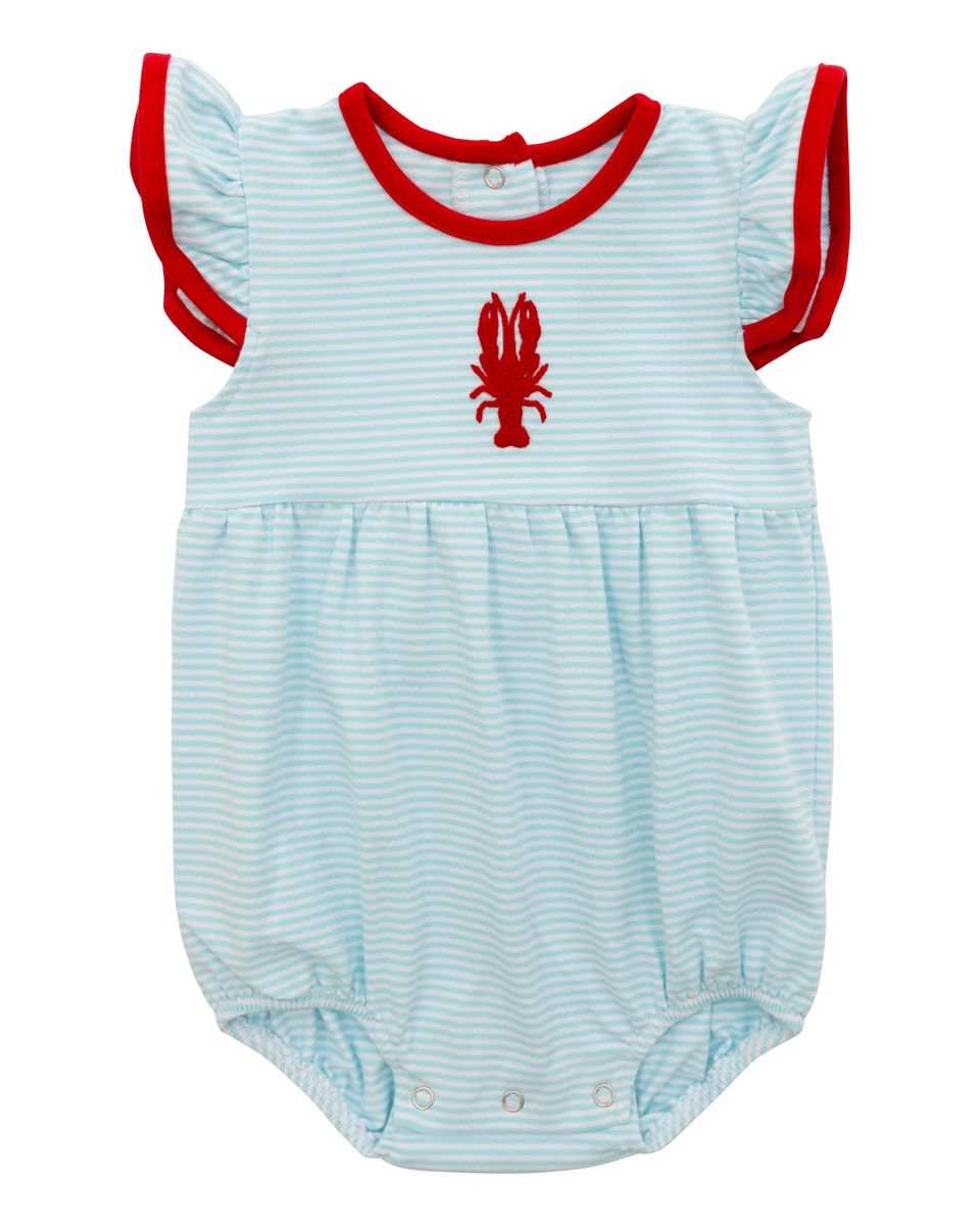 Sea Dragon Dreams baby girls bubble romper in aqua stripes with red flutter sleeves and embroidered crawfish design