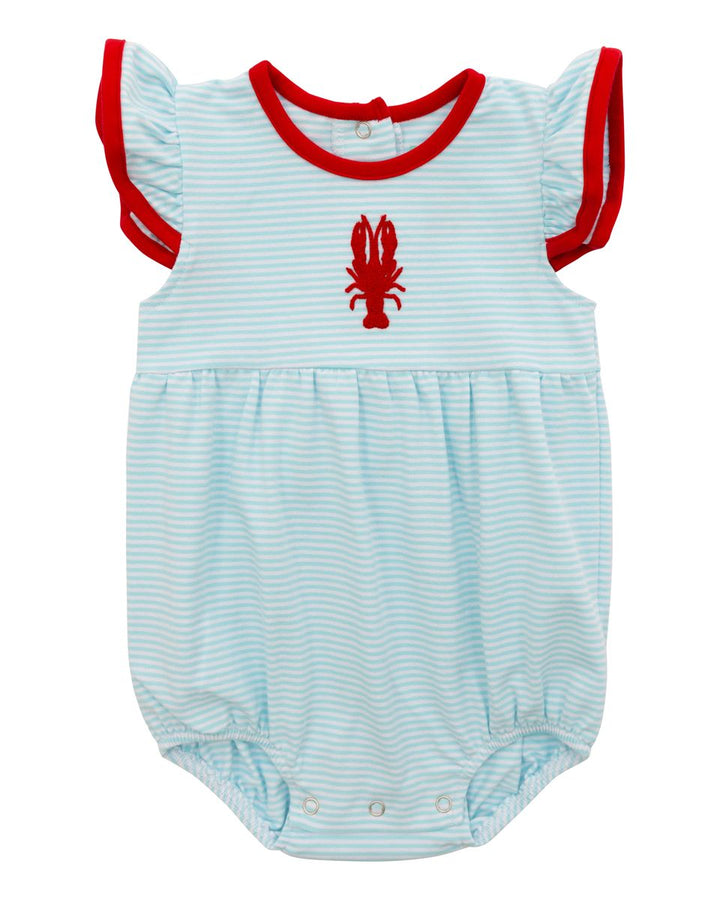 Sea Dragon Dreams baby girls bubble romper in aqua stripes with red flutter sleeves and embroidered crawfish design