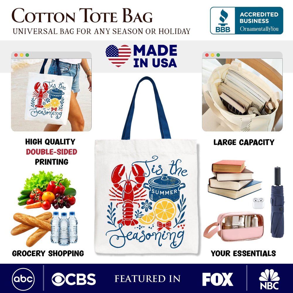 Sea Dragon Dreams crawfish boil tote bag with retro seafood print, showing grocery and daily essentials capacity.