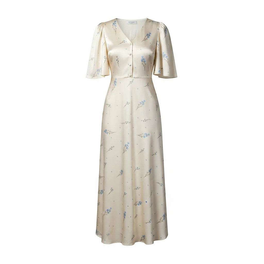Sea Dragon Dreams cream satin maxi dress with blue floral print, V-neckline, and short flutter sleeves.